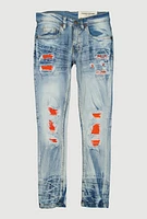 Boys Whiskered Distressed Patch and Repair Jeans, Blue, Size 16