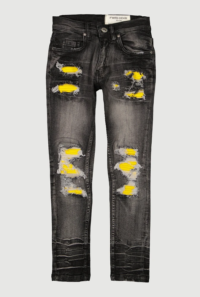 Boys Two Tone Patch and Repair Distressed Jeans, Black, Size 16