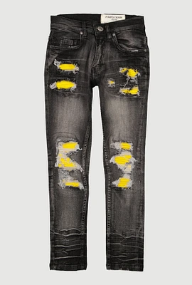 Boys Two Tone Patch and Repair Distressed Jeans, Black, Size 16