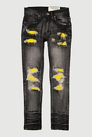 Boys Two Tone Patch and Repair Distressed Jeans, Black, Size 16