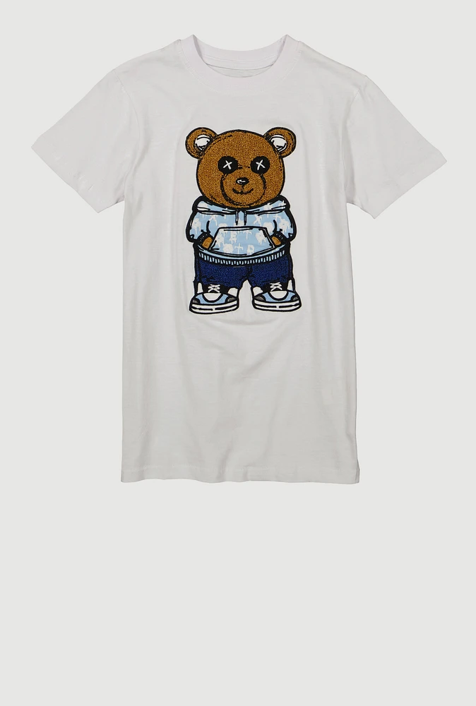 Boys Chenille Bear Patch Graphic Tee, White, Size XL