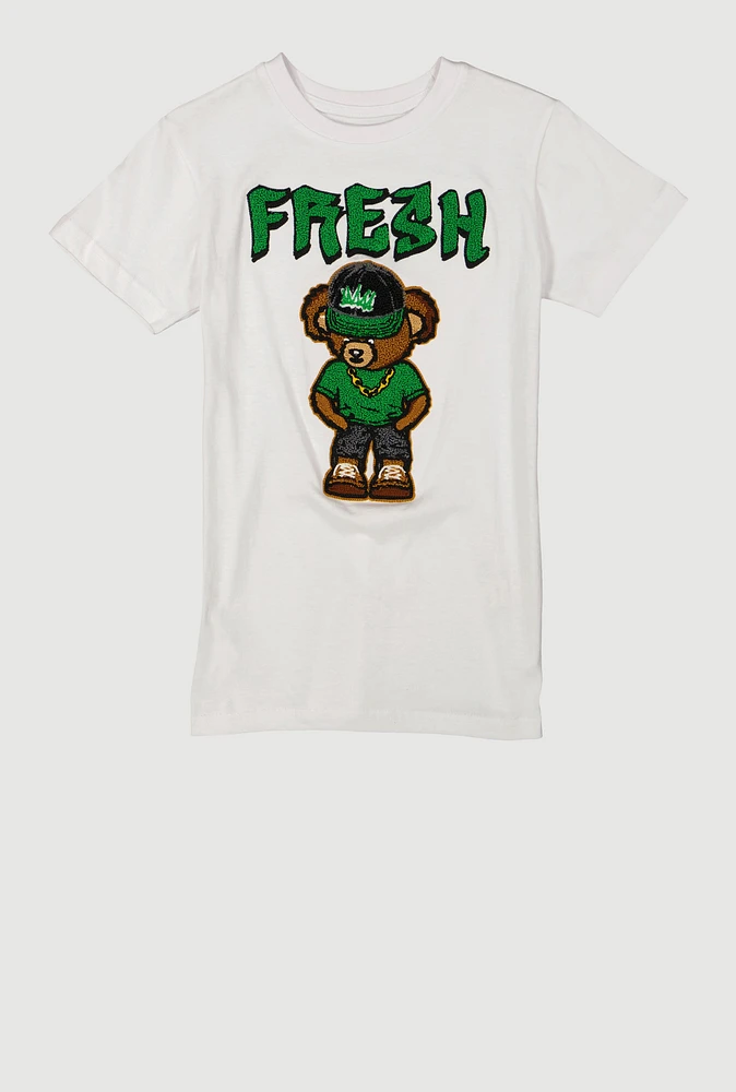 Boys Chenille Fresh Bear Patch Graphic Tee, White, Size XL