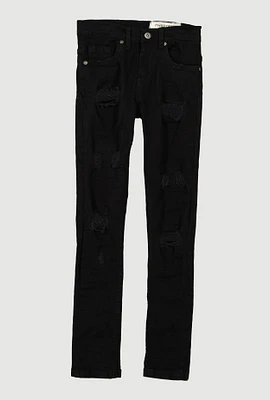 Boys Frayed Patch and Repair Distressed Jeans, Black, Size 14