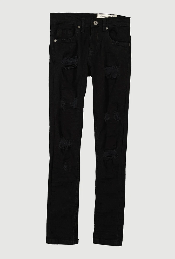 Boys Frayed Patch and Repair Distressed Jeans, Black, Size 8