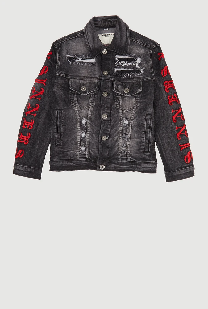 Boys Distressed Sinners X Saints Denim Jacket, Grey, Size M