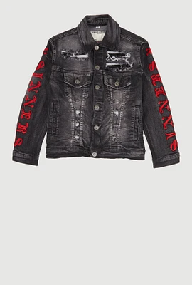 Boys Distressed Sinners X Saints Denim Jacket, Grey, Size M