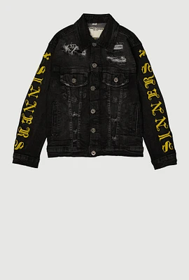 Boys Sinners X Saints Distressed Denim Jacket, Black, Size 10-12