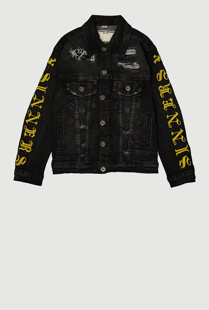 Boys Sinners X Saints Distressed Denim Jacket, Black, Size 8