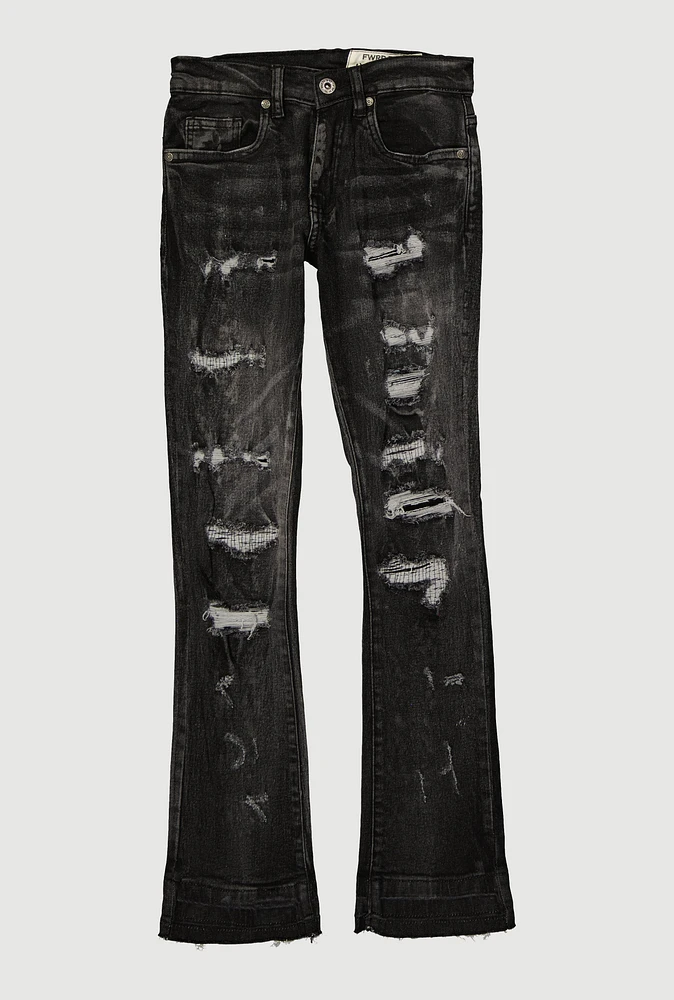 Boys Mineral Wash Sinners X Saints Patch and Repair Jeans, Grey, Size 16