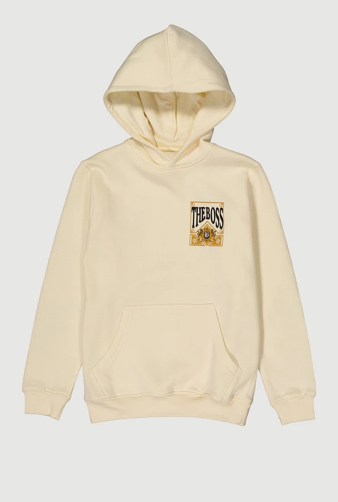 Boys The Boss Graphic Hooded Sweatshirt, Beige, Size 18-20