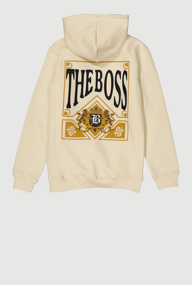Boys The Boss Graphic Hooded Sweatshirt, Beige, Size 8