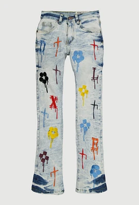 Boys Acid Wash Embroidered Drip Pattern Jeans, Blue, Size 12