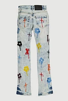 Boys Acid Wash Embroidered Drip Pattern Jeans, Blue,
