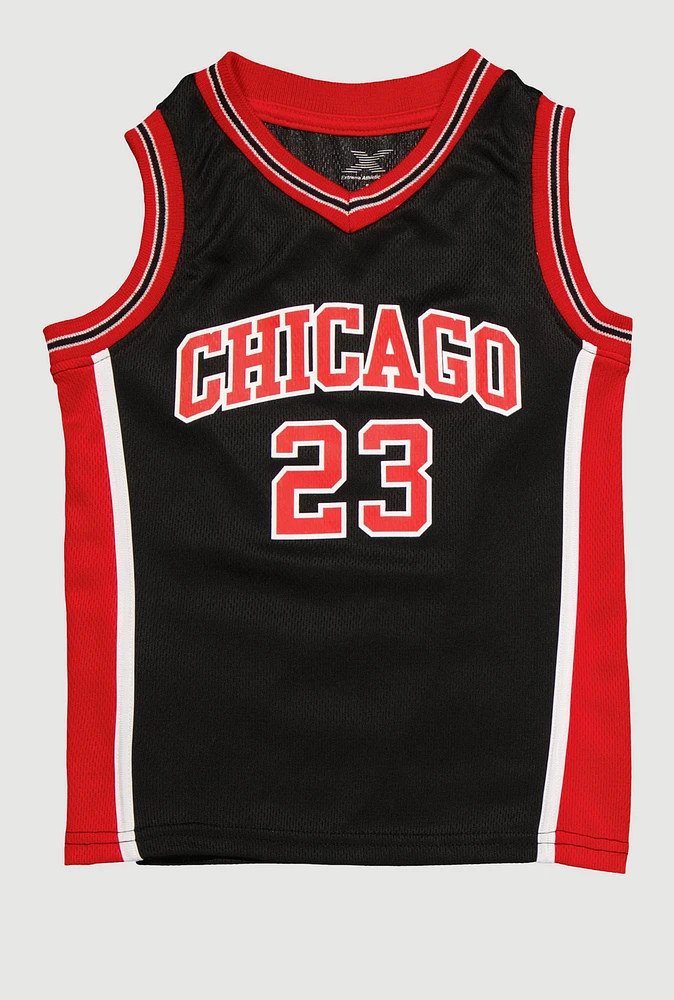 Little Boys Contrast Trim Graphic Basketball Jersey, Black, Size 7