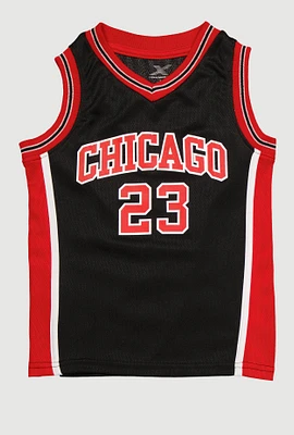 Little Boys Contrast Trim Graphic Basketball Jersey, Black, Size 7