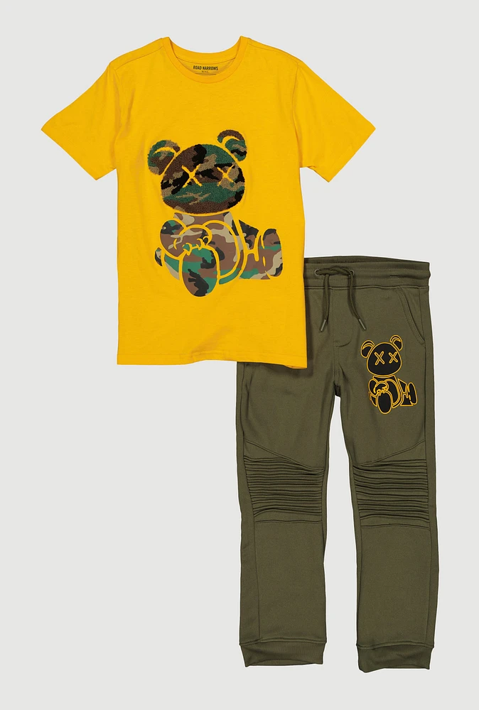 Boys Chenille Camo Bear Graphic Tee and Moto Joggers, Multi,