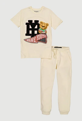 Boys Chenille Bear Graphic Tee and Sweatpants, Beige, Size 12