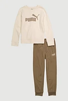 Boys Puma Graphic Sweatshirt and Joggers, Khaki, Size 14-16