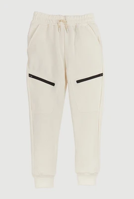 Boys Textured Knit Zip Pocket Joggers, White, Size 14-16