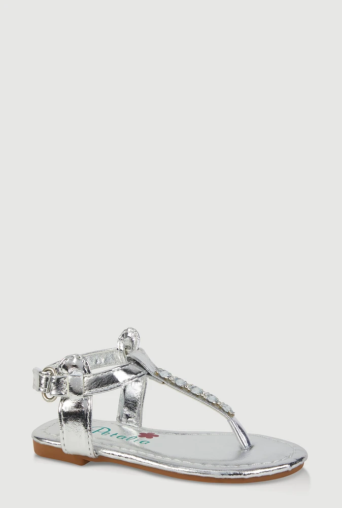 Womens Toddler Girls Velcro Strap Rhinestone Thong Sandals, Silver, Size 7
