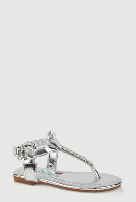 Womens Toddler Girls Velcro Strap Rhinestone Thong Sandals, Silver, Size 7