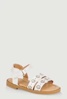 Womens Toddler Girls Laser Cut Flower Band Ankle Strap Sandals, White, Size 10