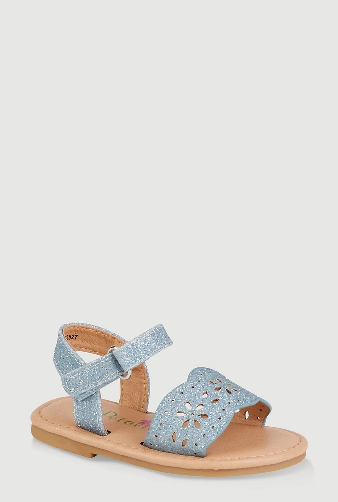 Womens Toddler Girls Laser Cut Flower Glitter Band Sandals, Blue,