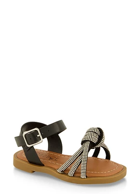Womens Toddler Girls Rhinestone Knot Band Ankle Strap Sandals, Black,