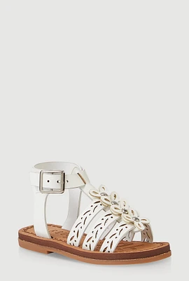 Womens Toddler Girls Flower Studded Eyelet Gladiator Sandals, White,