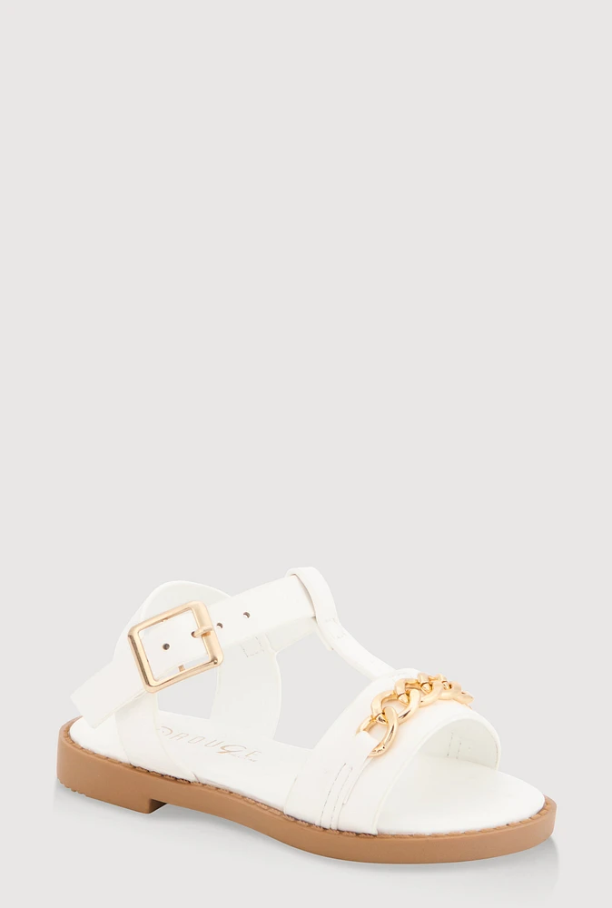 Womens Toddler Girls Chain Detail Buckle Strap Sandals, White,