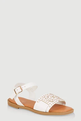Womens Girls Studded Cut Out Band Ankle Strap Sandals, White, Size 11