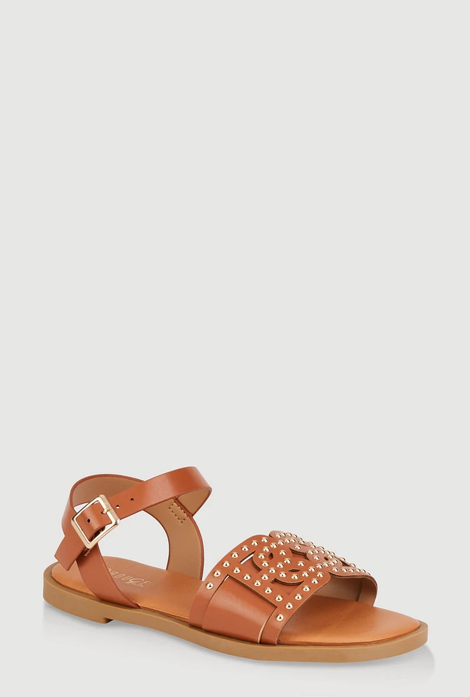 Womens Girls Studded Cut Out Band Ankle Strap Sandals, Brown, Size 2