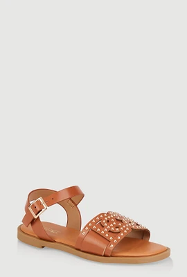 Womens Girls Studded Cut Out Band Ankle Strap Sandals, Brown, Size 2