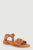 Womens Girls Studded Cut Out Band Ankle Strap Sandals, Brown, Size 2