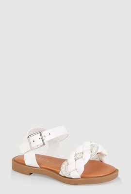 Womens Toddler Girls Faux Pearl Rhinestone Braided Strap Sandals, White,