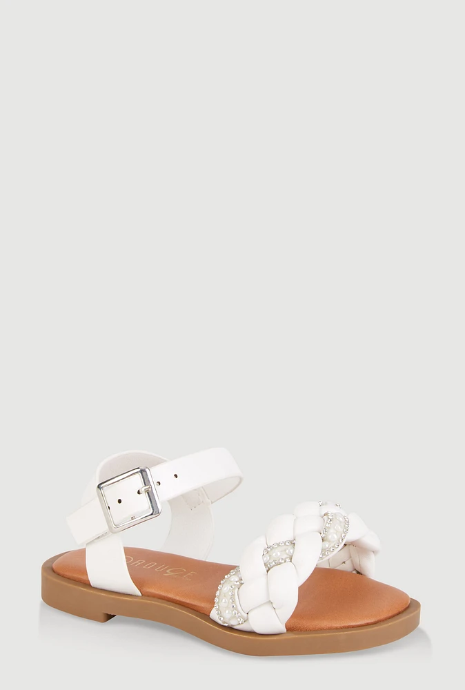 Womens Toddler Girls Faux Pearl Rhinestone Braided Strap Sandals, White,