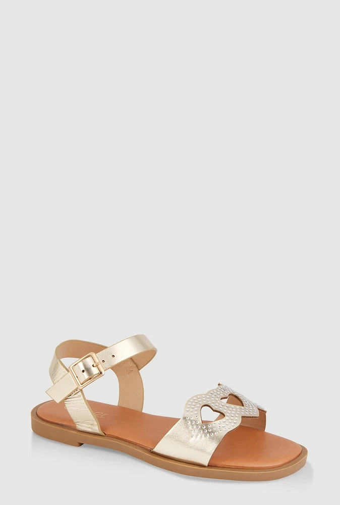 Womens Girls Rhinestone Heart Cut Out Band Sandals, Gold, Size 11