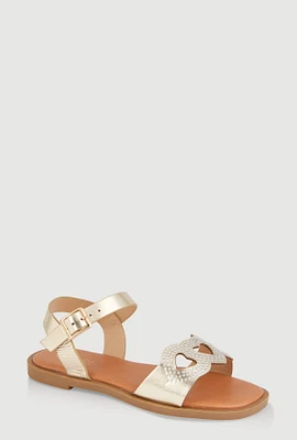 Womens Girls Rhinestone Heart Cut Out Band Sandals,