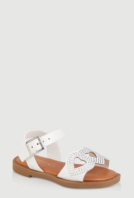 Womens Toddler Girls Rhinestone Heart Cut Out Band Sandals, White,