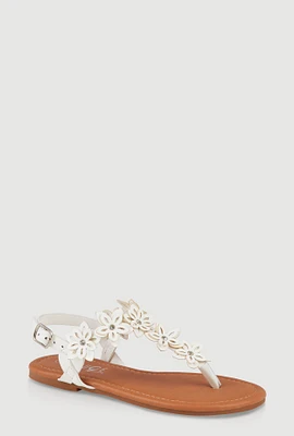 Womens Girls Flower Ankle Strap Thong Sandals, White,