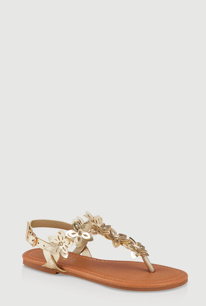 Womens Girls Flower Ankle Strap Thong Sandals, Gold, Size 13