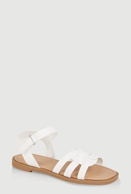 Womens Girls Woven Band Velcro Strap Sandals, White, Size 2