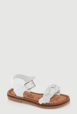 Womens Toddler Girls Rhinestone Braided Velcro Ankle Strap Sandals, White,