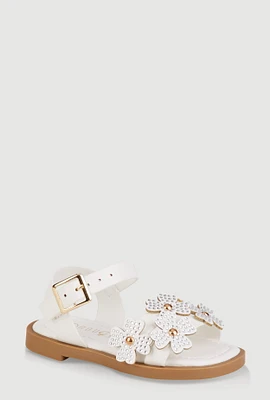 Womens Toddler Girls Rhinestone Studded Floral Ankle Strap Sandals, White, Size 8