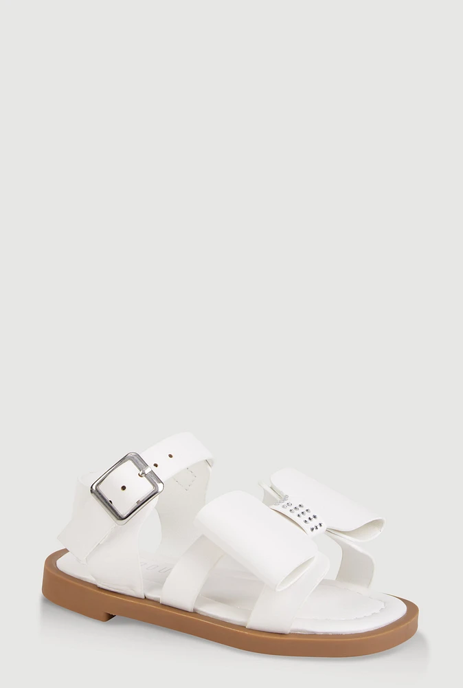 Womens Toddler Girls Bow Band Buckle Strap Sandals, White,