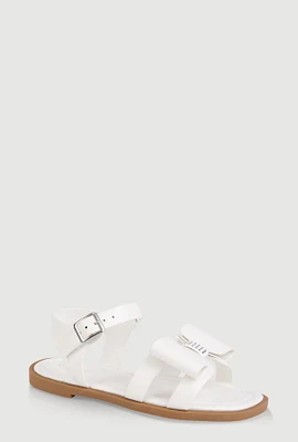 Womens Girls Faux Leather Bow Band Ankle Strap Sandals, White,