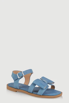 Womens Girls Faux Leather Bow Band Ankle Strap Sandals, Blue,