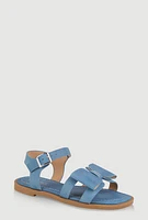 Womens Girls Faux Leather Bow Band Ankle Strap Sandals, Blue,