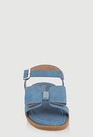 Womens Girls Faux Leather Bow Band Ankle Strap Sandals, Blue,