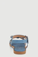 Womens Girls Faux Leather Bow Band Ankle Strap Sandals, Blue,